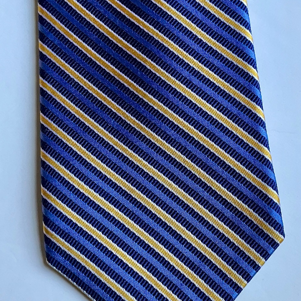 Lauren by Ralph Lauren purple, beige and blue striped all Silk Tie.